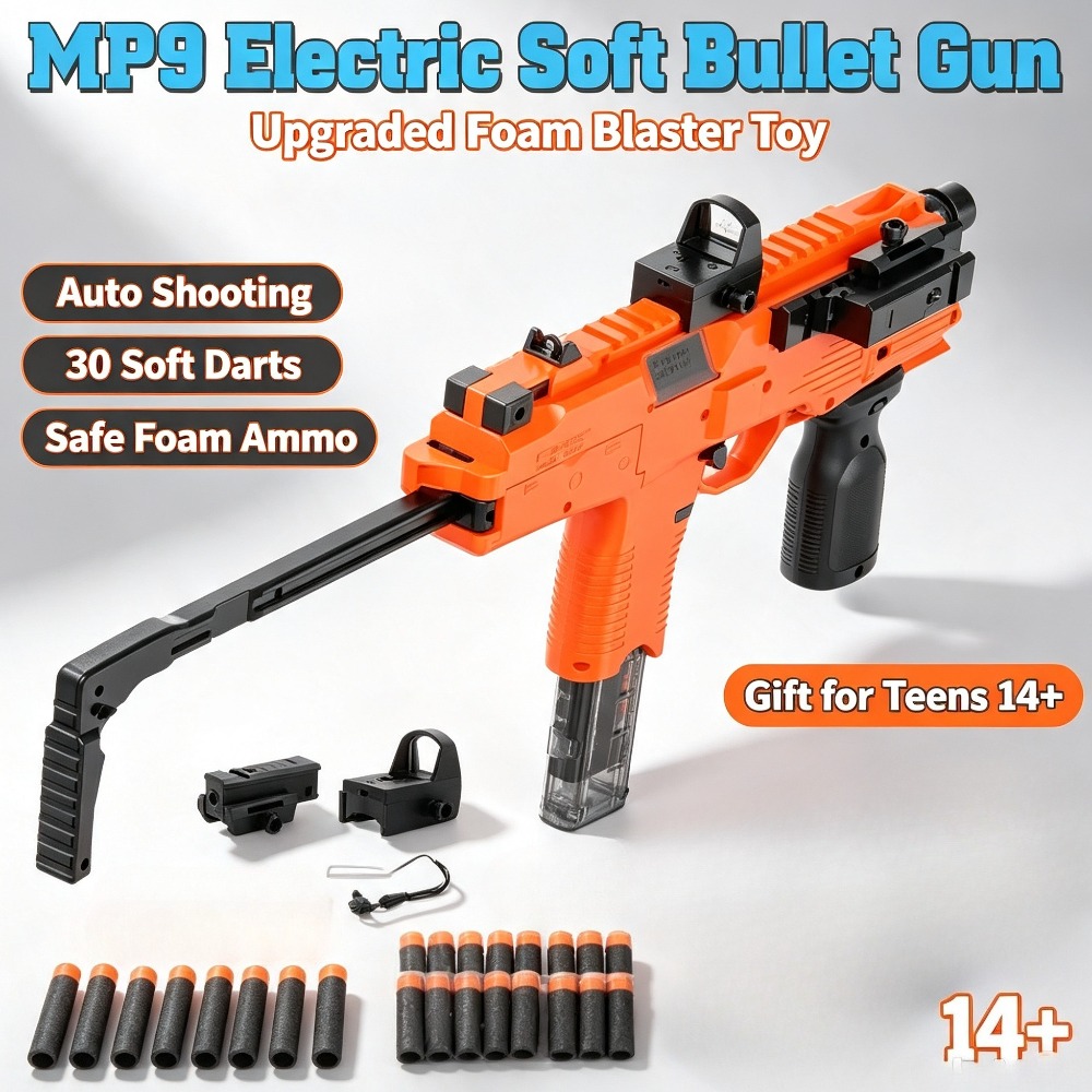 Foam Dart Gun - ปืนของเล่นไฟฟ้า MP9 ปืนยิงลูกดอกโฟม EVA ปืนกลมือยิงอัตโนมัติ ของเล่นยิงปืนสำหรับเล่นเกมต่อสู้กลางแจ้งสำหรับวัยรุ่น