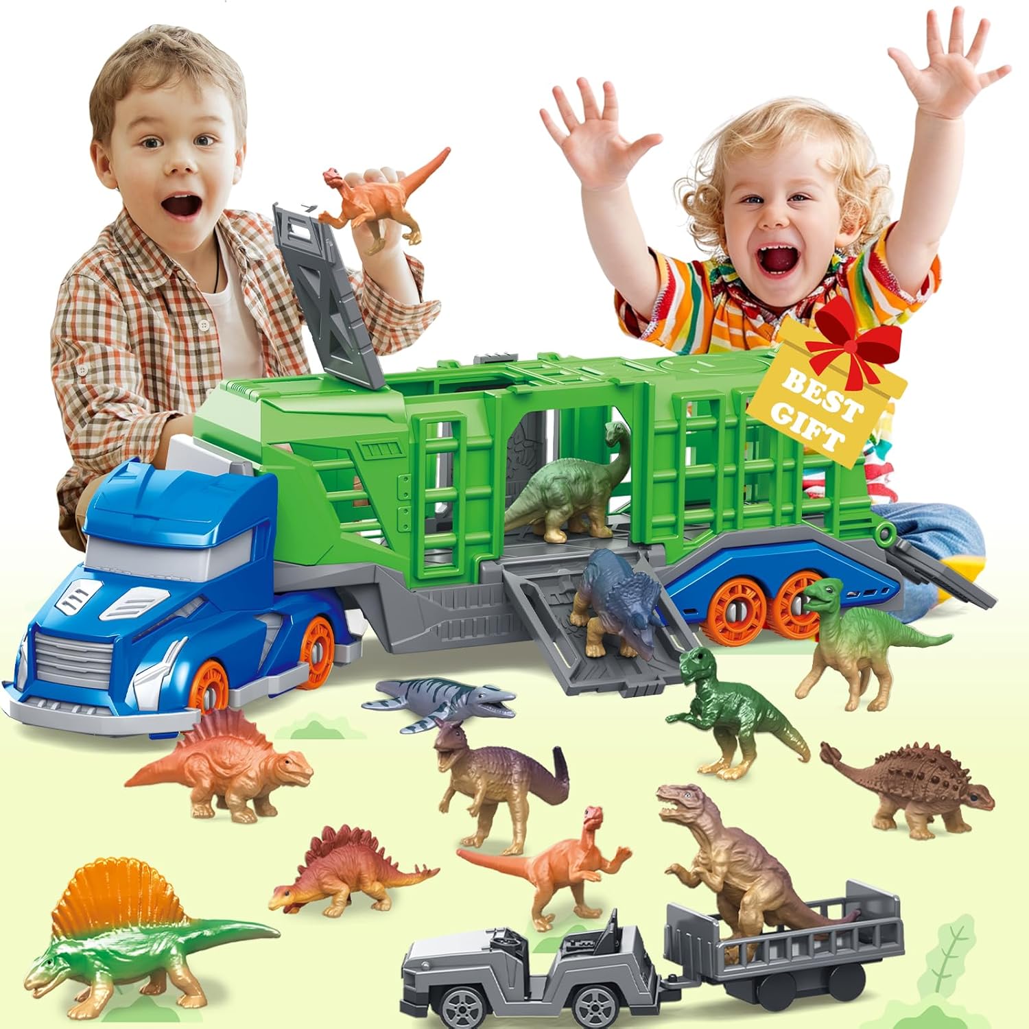 Kids Toys Xmas - ชุดของเล่นรถขนส่งสัตว์ไดโนเสาร์ประกอบด้วยรถขนส่ง 1 คัน, ไดโนเสาร์หรือสัตว์ 12 ตัว,