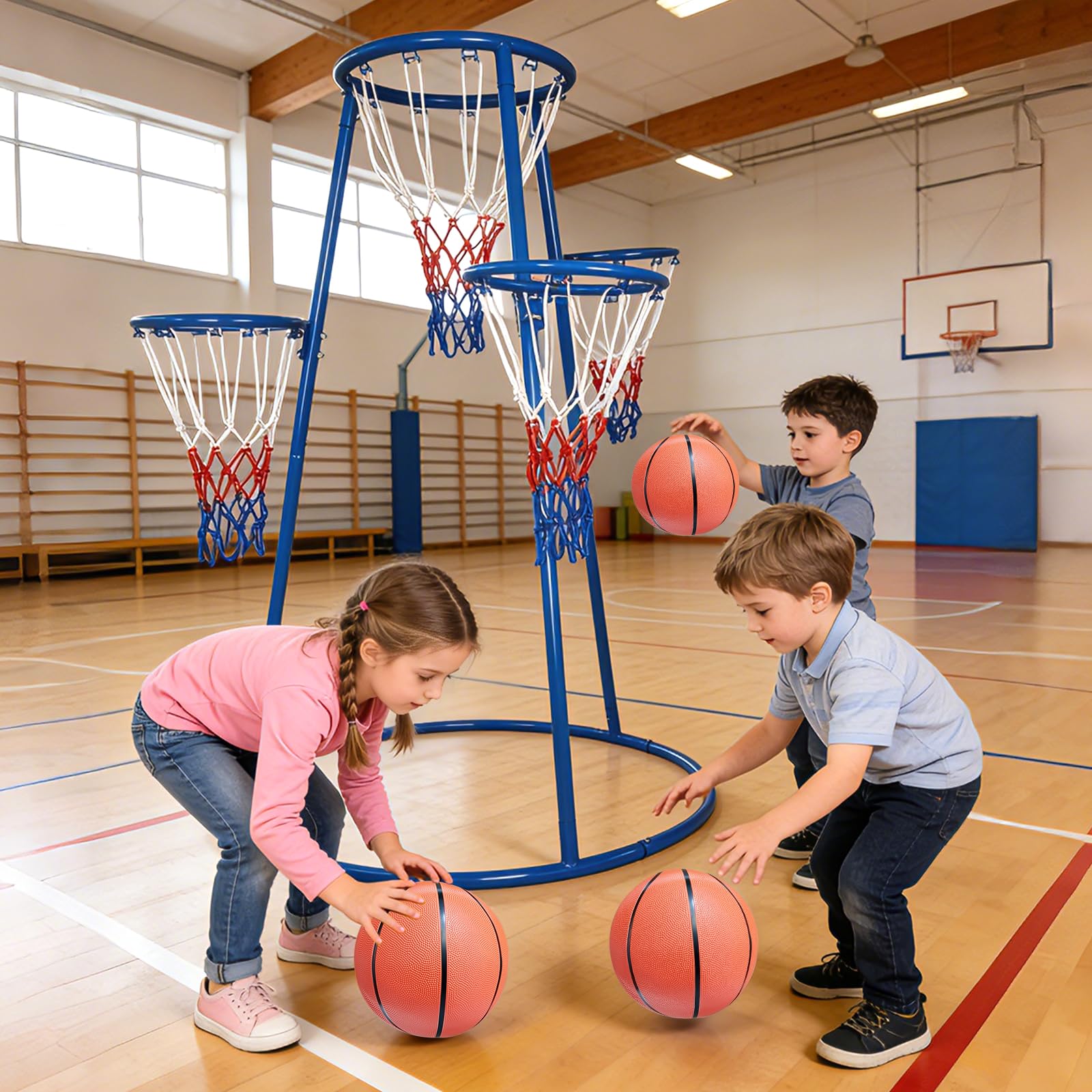 Basketball Hoop Kids Indoor - ชุดบาสเก็ตบอลสำหรับเด็กเล็ก 4 ห่วง พร้อมลูกบาสเก็ตบอล 4 ลูกและที่สูบลม